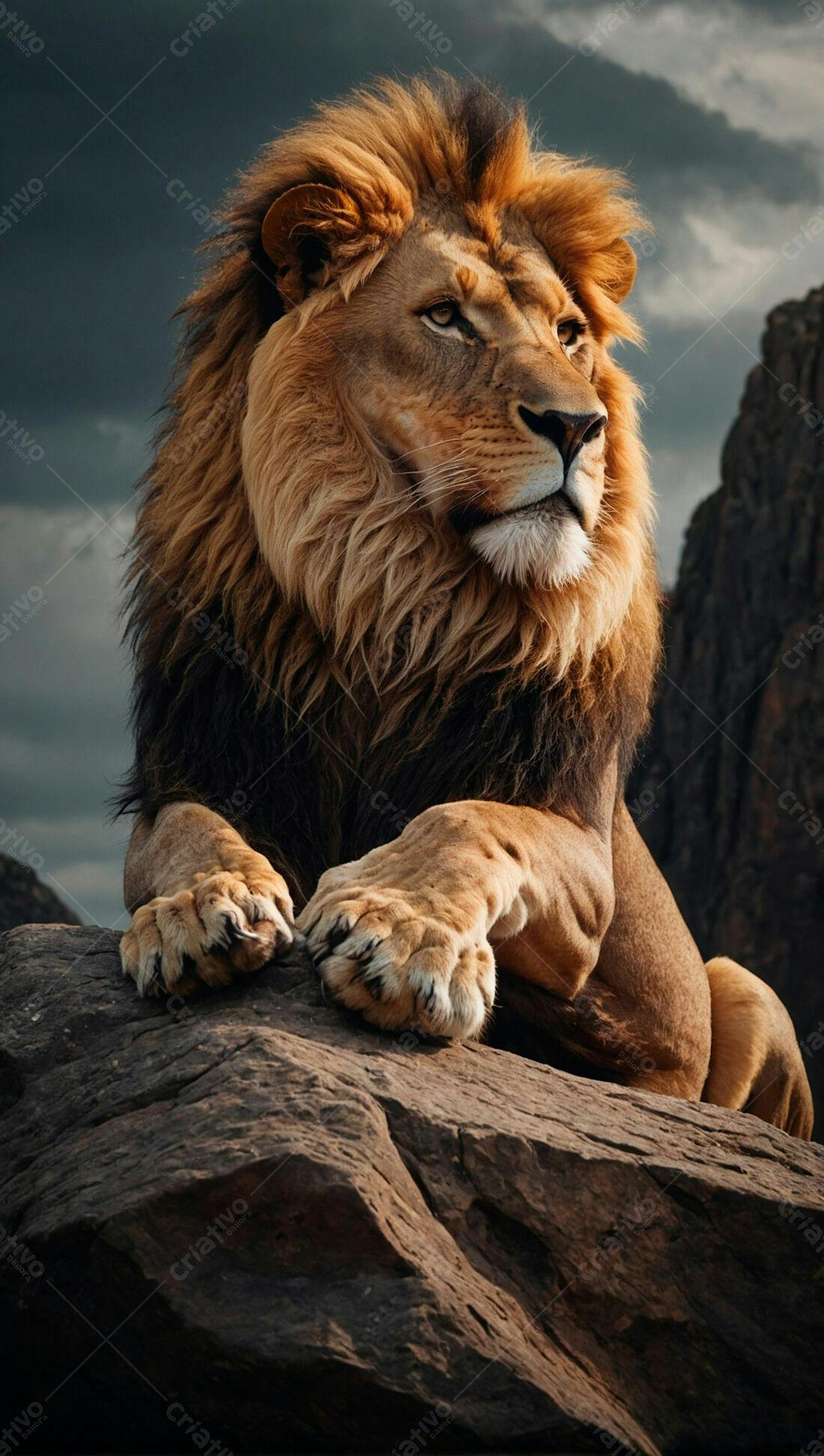 Leão majestoso em rocha escura sob céu nublado