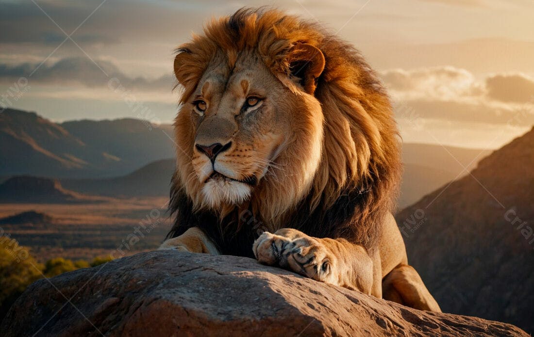 Leão majestoso em paisagem africana ao entardecer