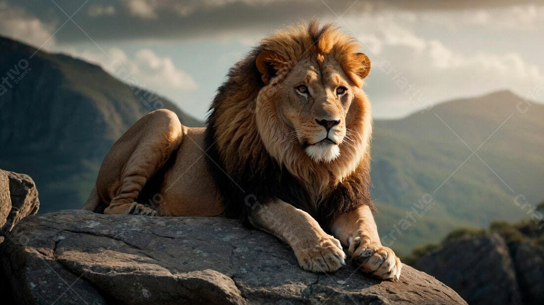Leão majestoso em rocha montanha ao entardecer