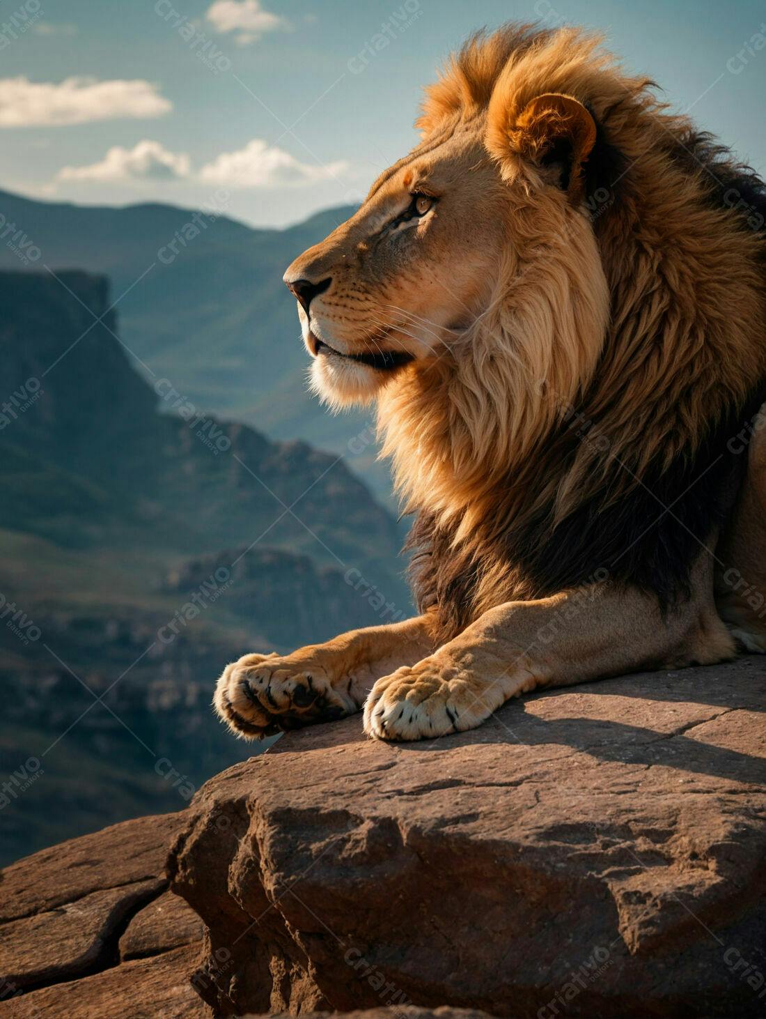Leão majestoso em penhasco montanhoso