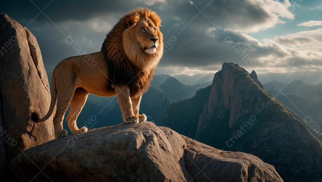 Leão majestoso em montanha ao entardecer