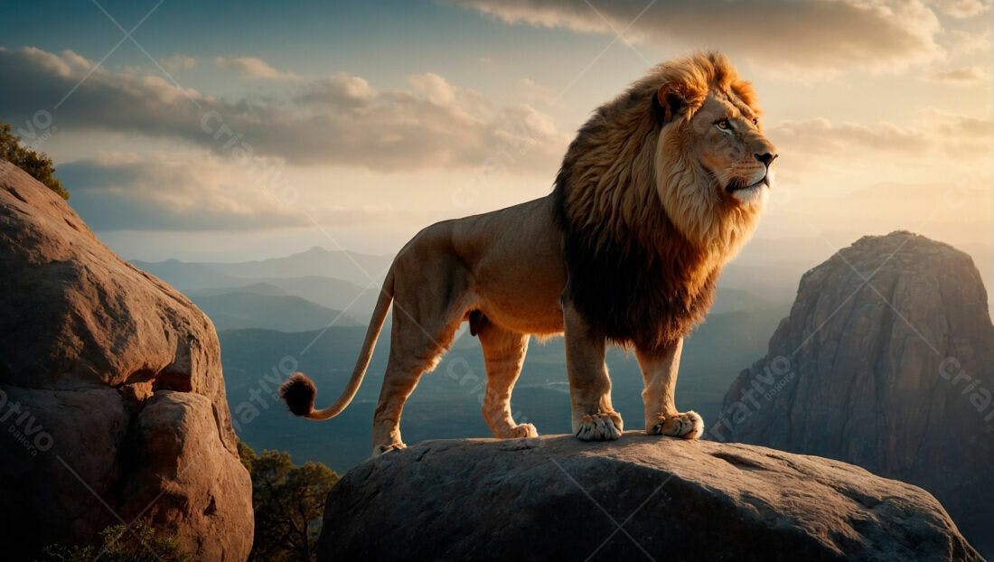 Leão majestoso em montanha ao pôr do sol