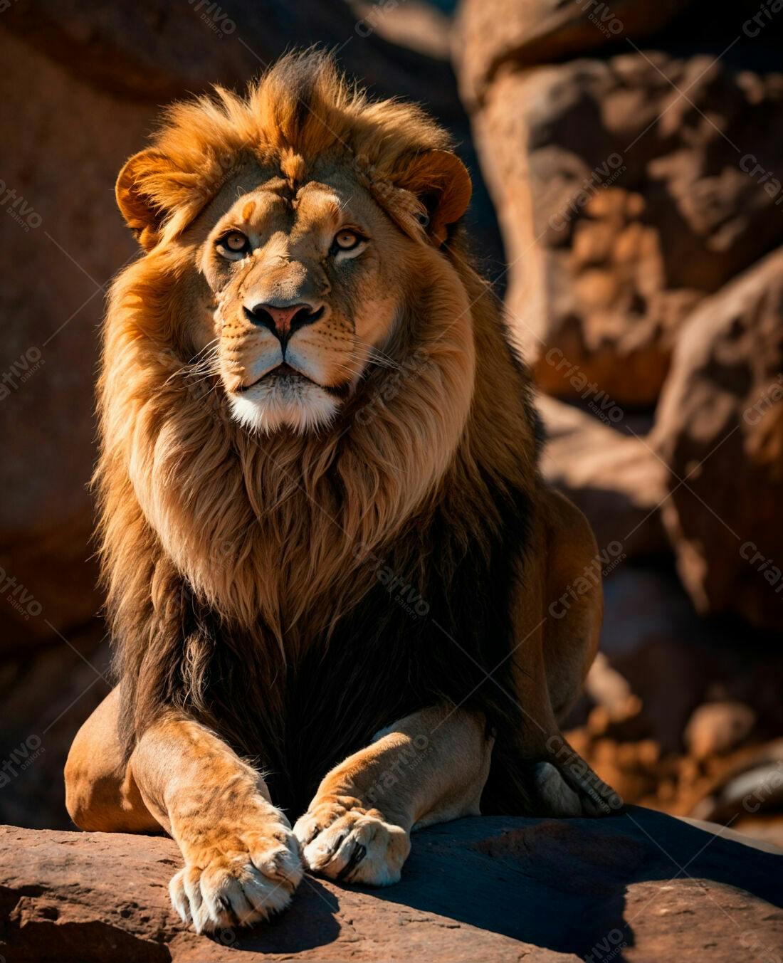 Leão majestoso em ambiente rochoso