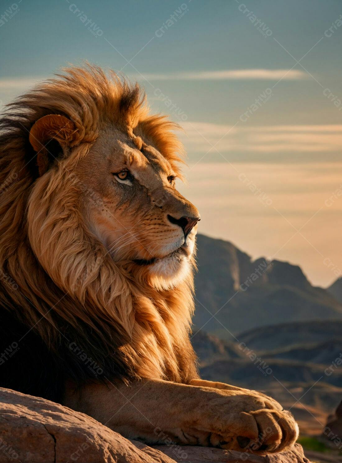 Leão majestoso ao pôr do sol na África