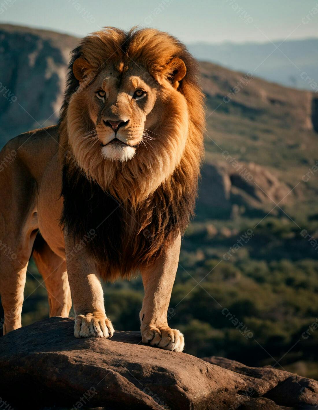 Leão majestoso em rocha montanha paisagem africana