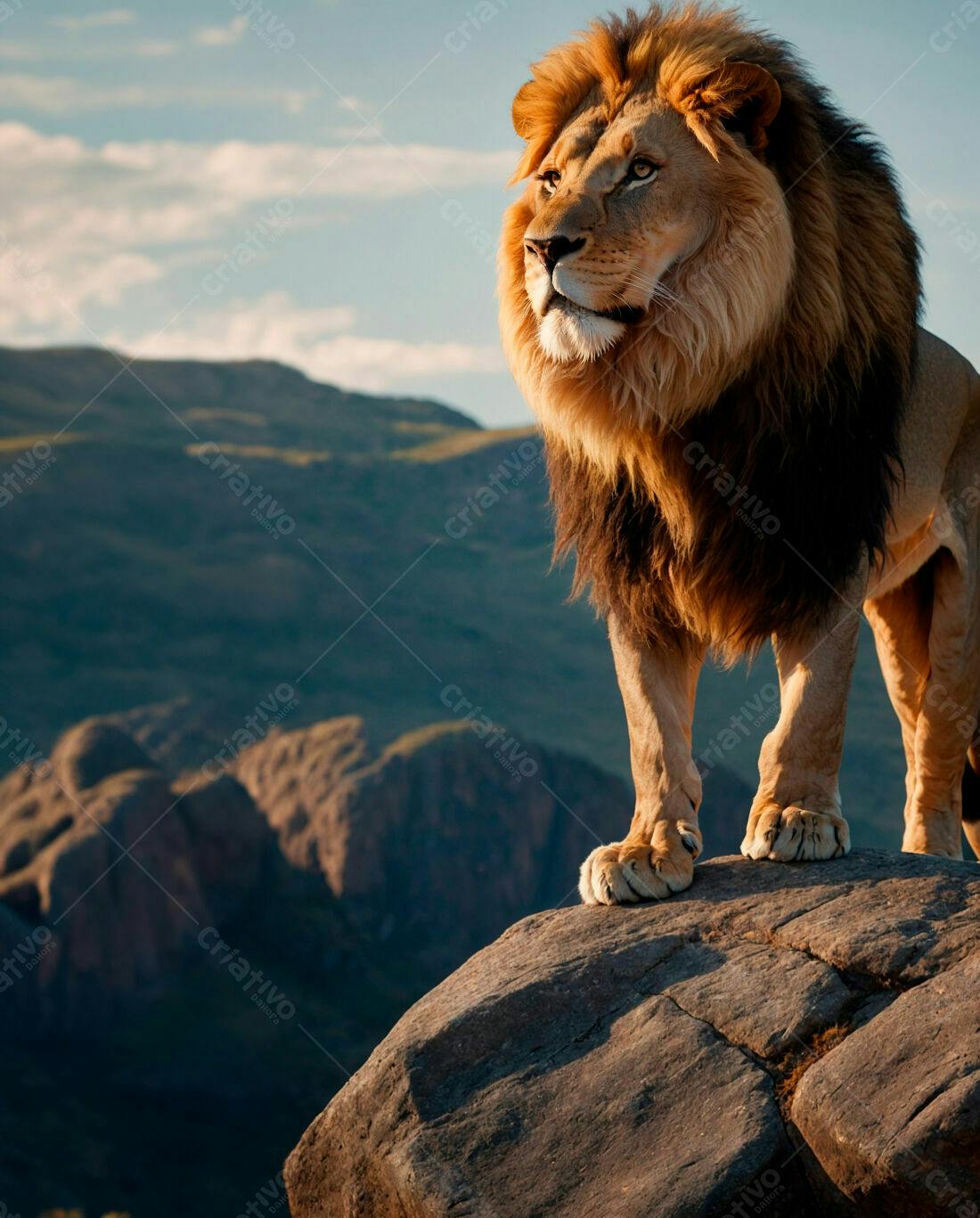 Leão majestoso em penhasco ao pôr do sol