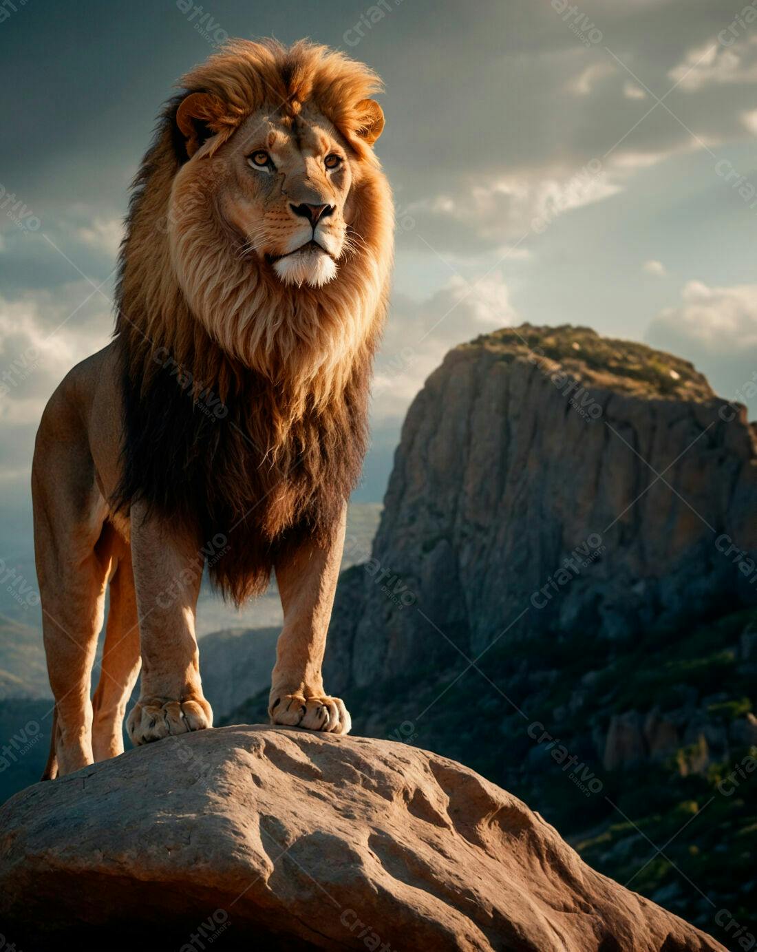Leão majestoso em penhasco ao pôr do sol
