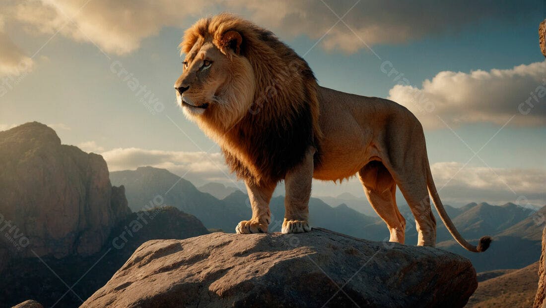 Leão majestoso em montanha ao pôr do sol