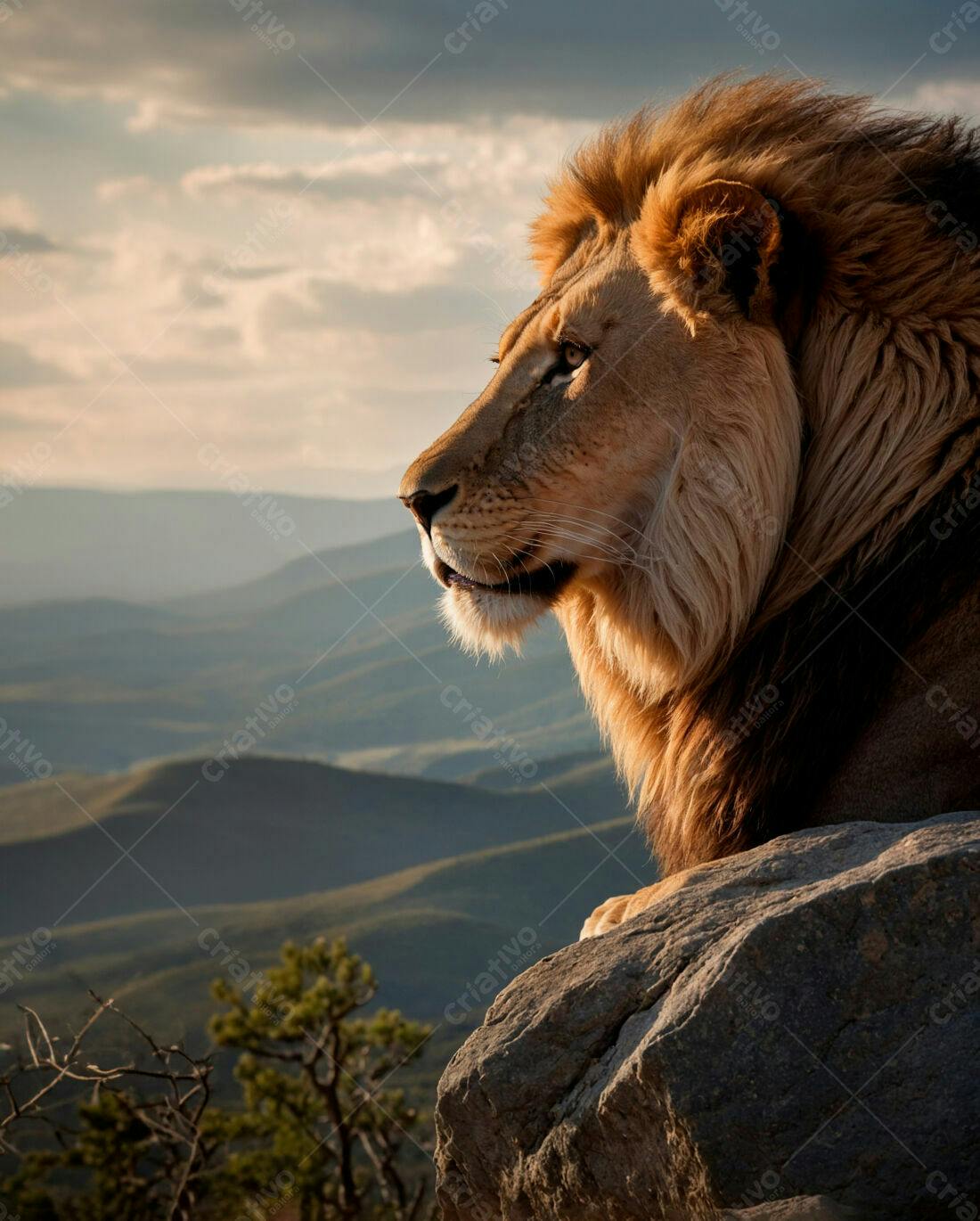 Leão majestoso em penhasco ao entardecer