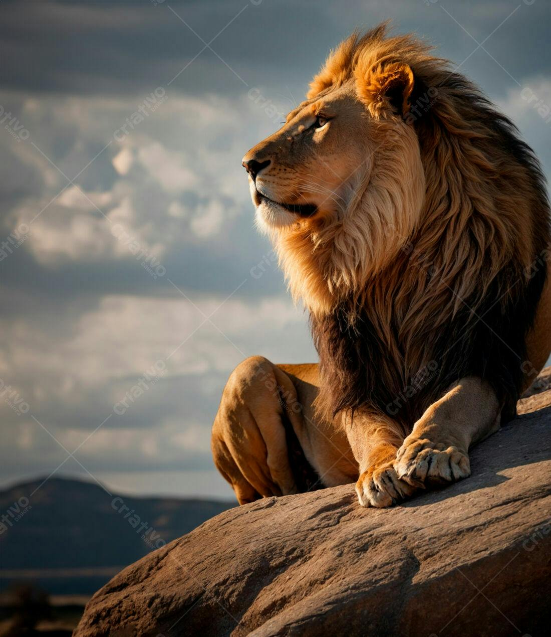 Leão majestoso na savana ao entardecer