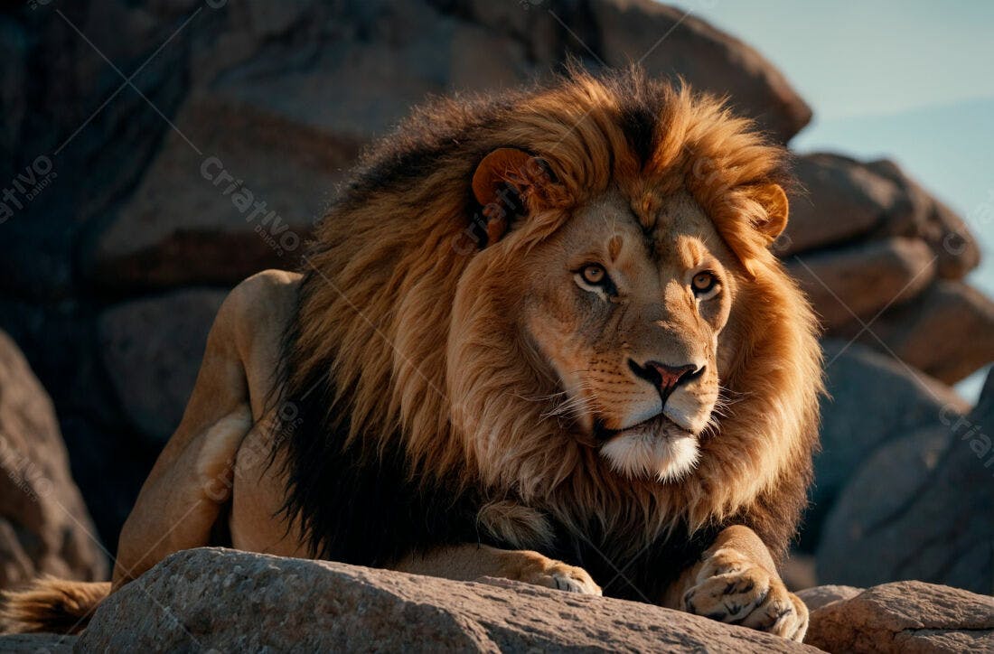 Leão majestoso em rochas ao entardecer