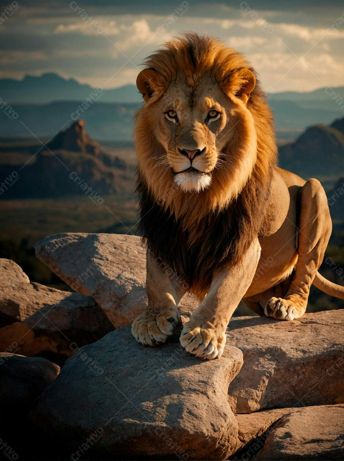 Leão majestoso em penhascos ao entardecer