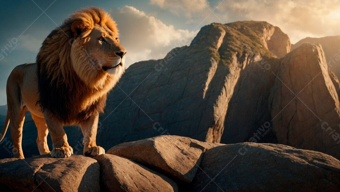 Leão majestoso em penhascos ao pôr do sol