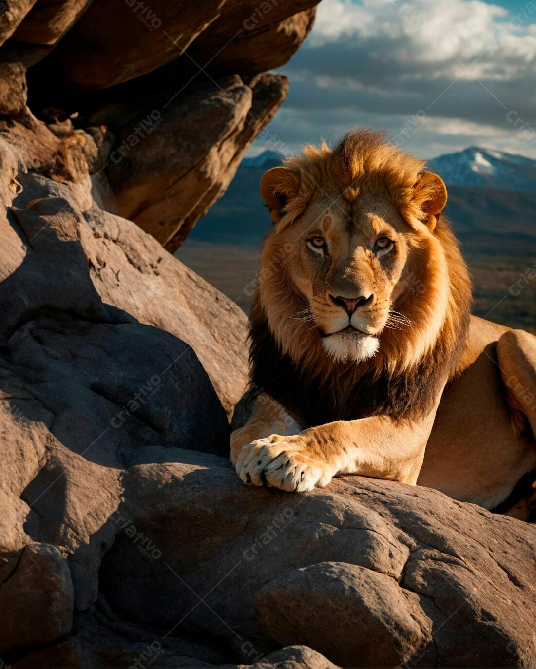 Leão majestoso em rocha na savana africana