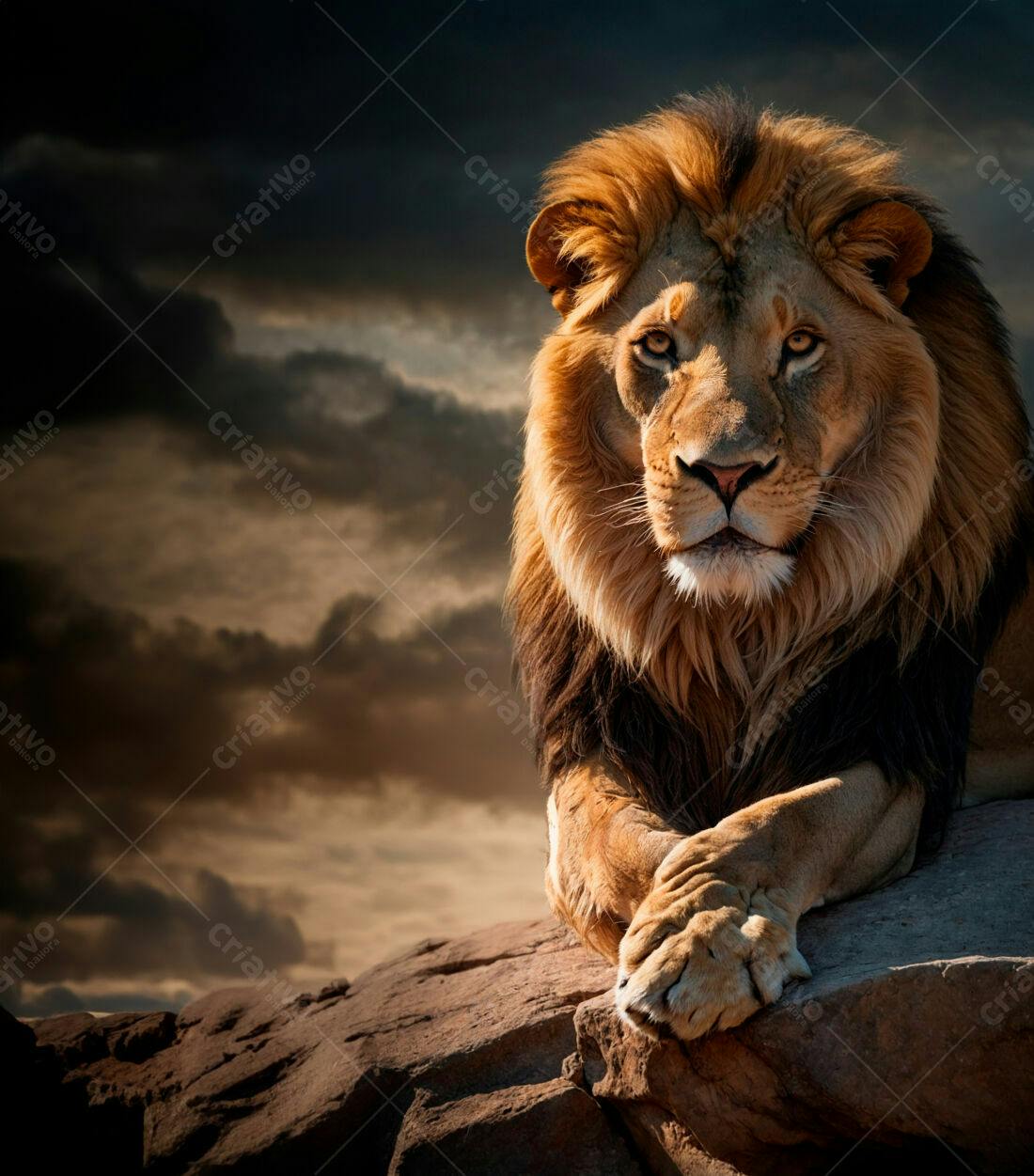 Leão majestoso em penhasco ao entardecer