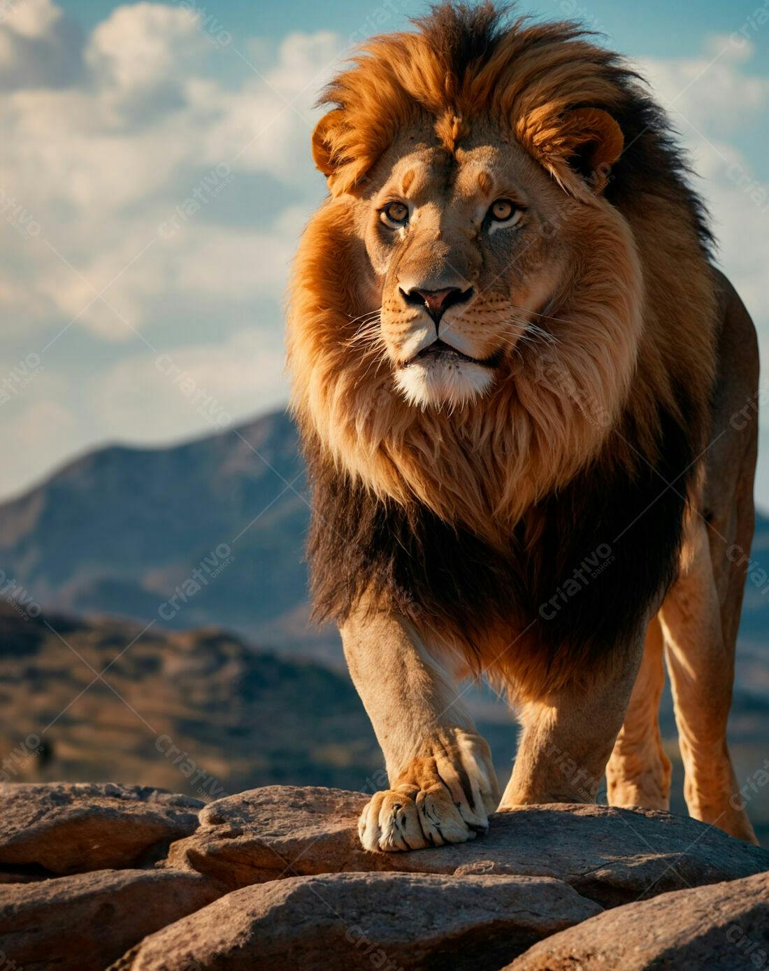 Leão imponente em paisagem rochosa ao entardecer
