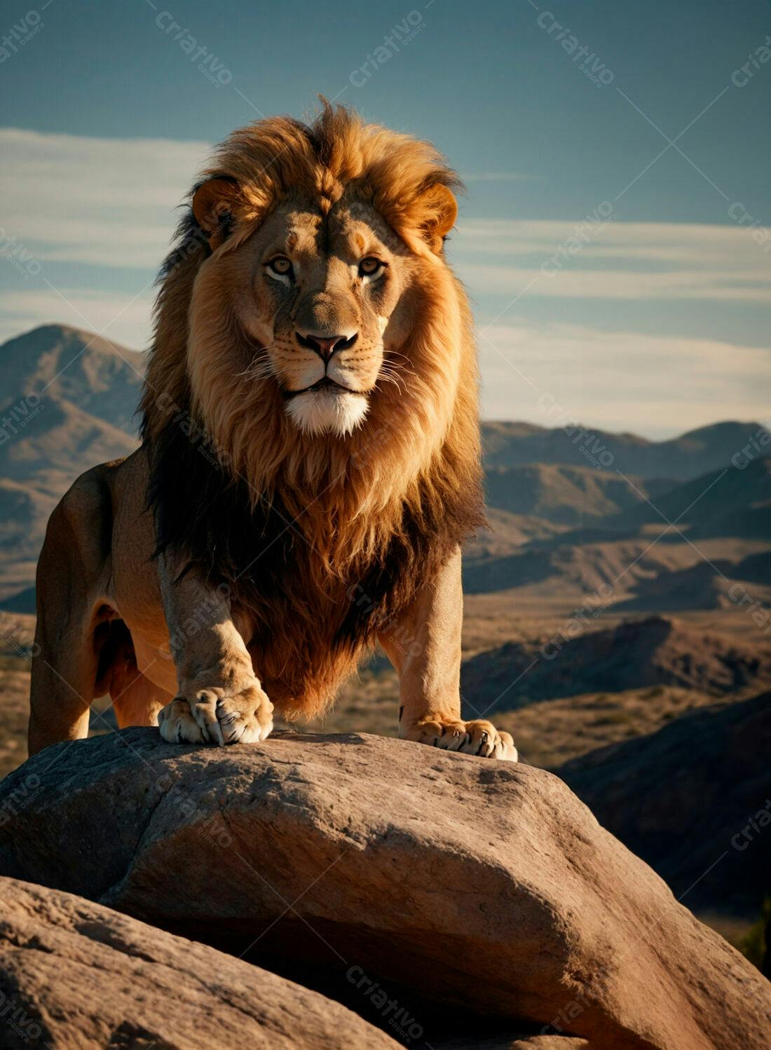 Leão majestoso em rocha paisagem árida