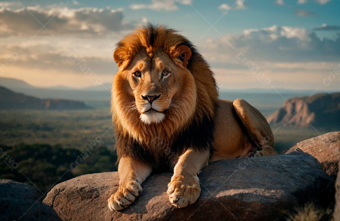 Leão majestoso em rocha africana ao entardecer