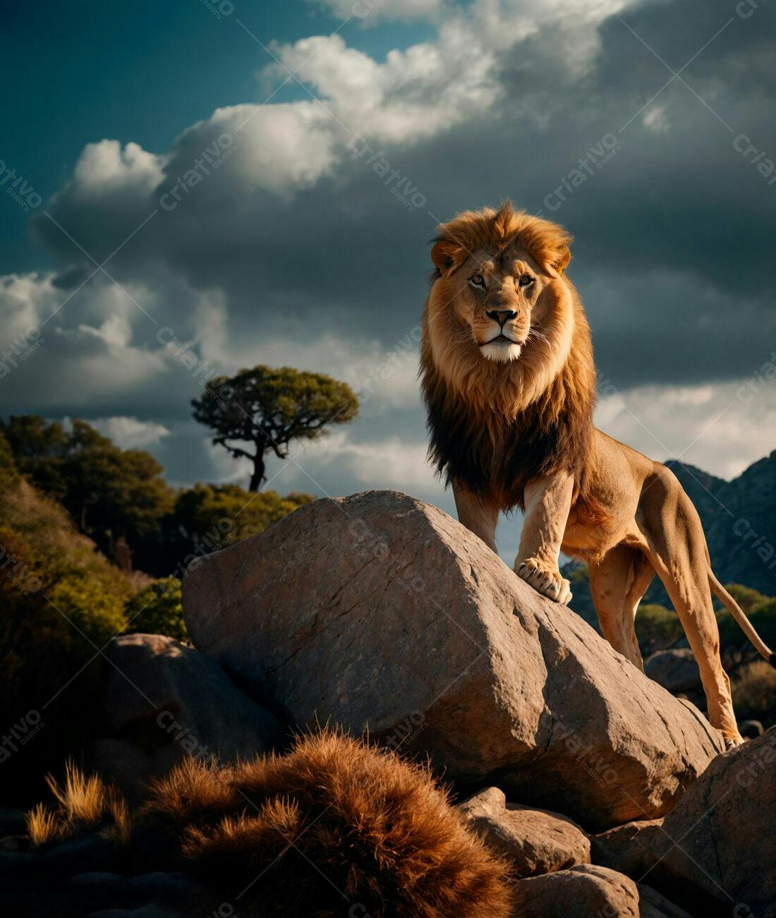 Leão majestoso em rocha na savana africana