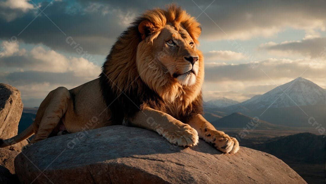 Leão majestoso em rocha montanha ao entardecer