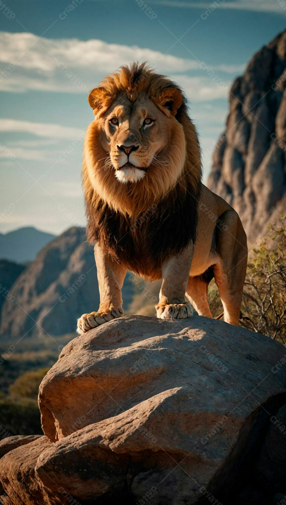 Leão majestoso em rocha na savana