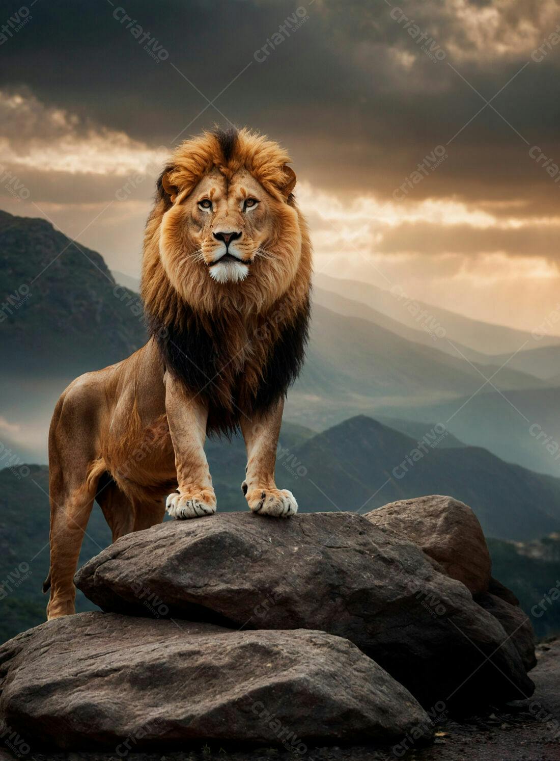 Leão majestoso em montanha ao pôr do sol