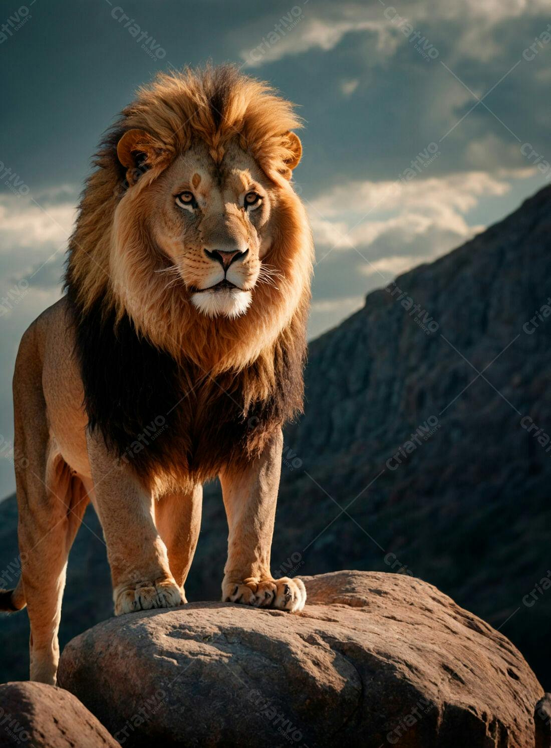 Leão majestoso em rocha montanha ao entardecer