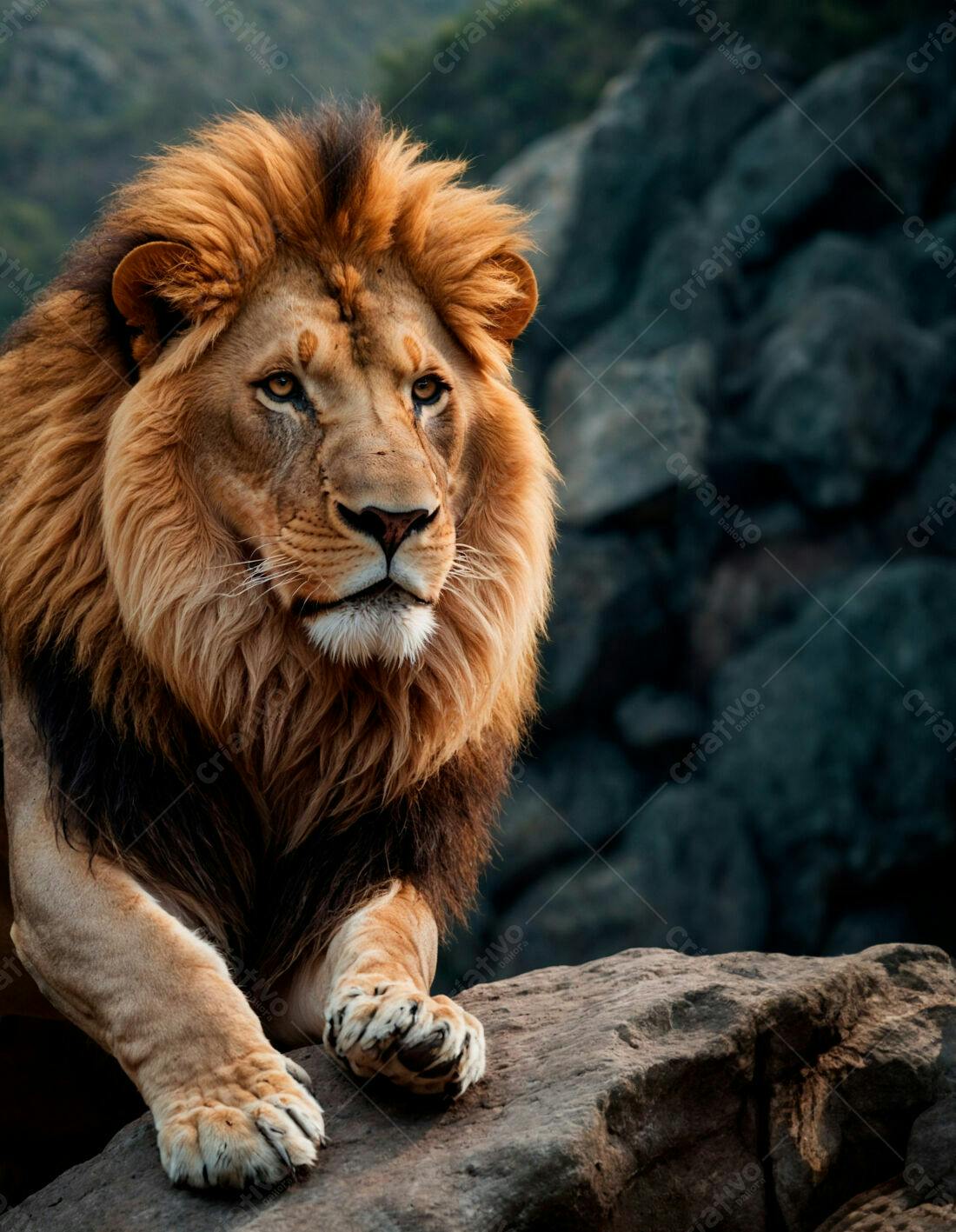 Leão majestoso em rocha escura ao entardecer
