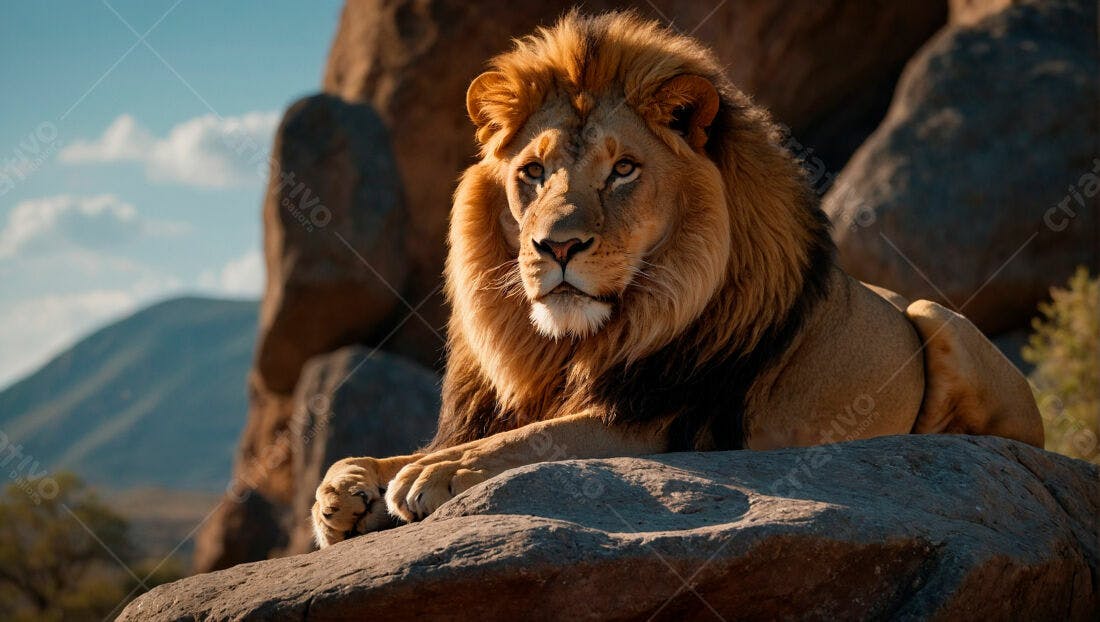 Leão majestoso em paisagem africana