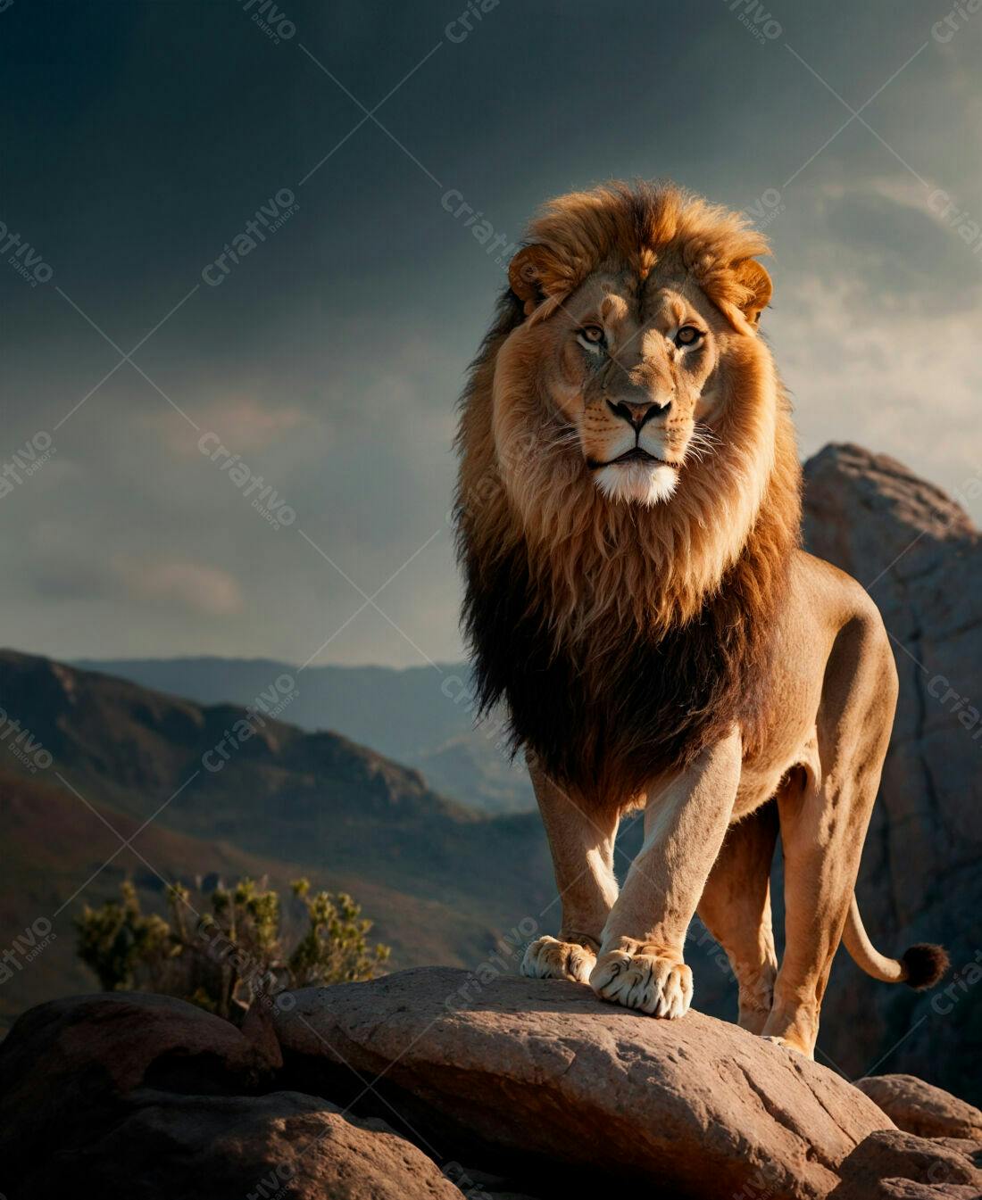 Leão majestoso em montanha ao entardecer