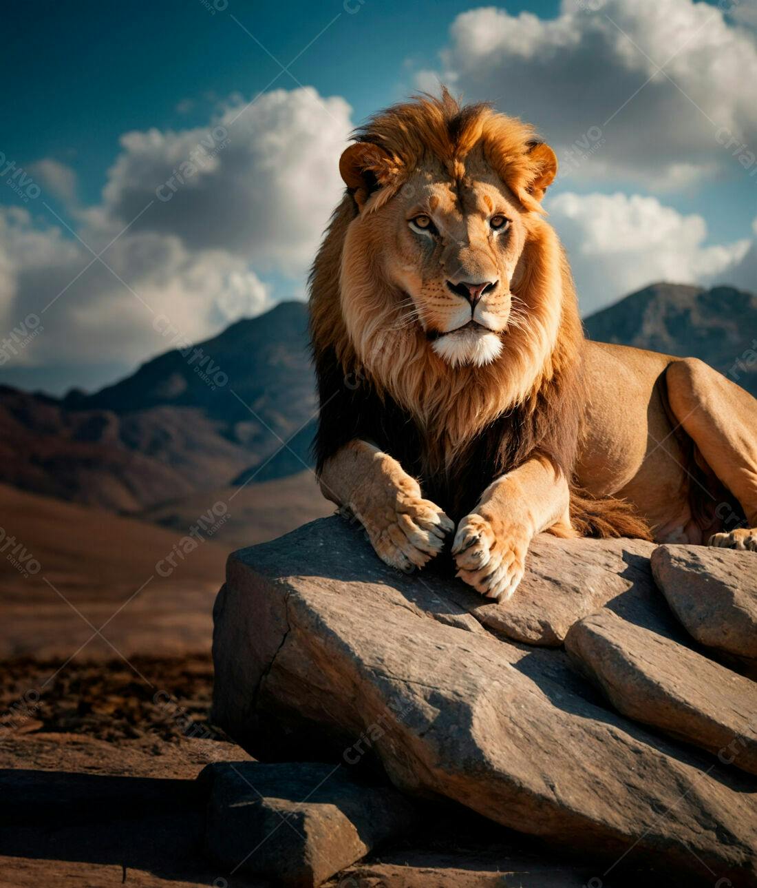 Leão majestoso em paisagem rochosa