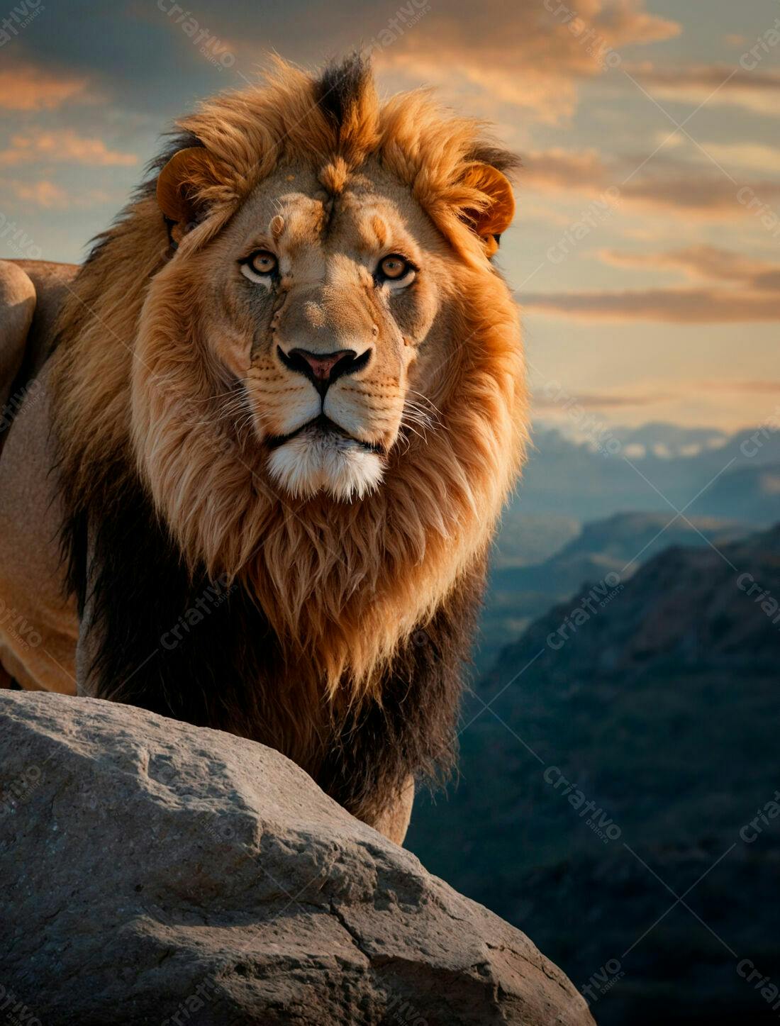Leão majestoso em penhasco ao pôr do sol