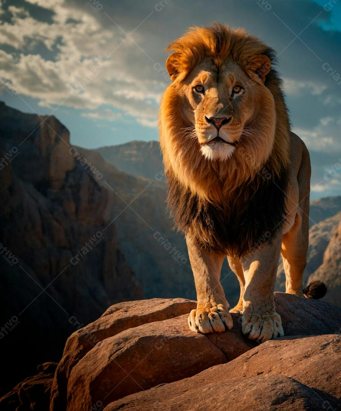 Leão majestoso em penhasco ao pôr do sol