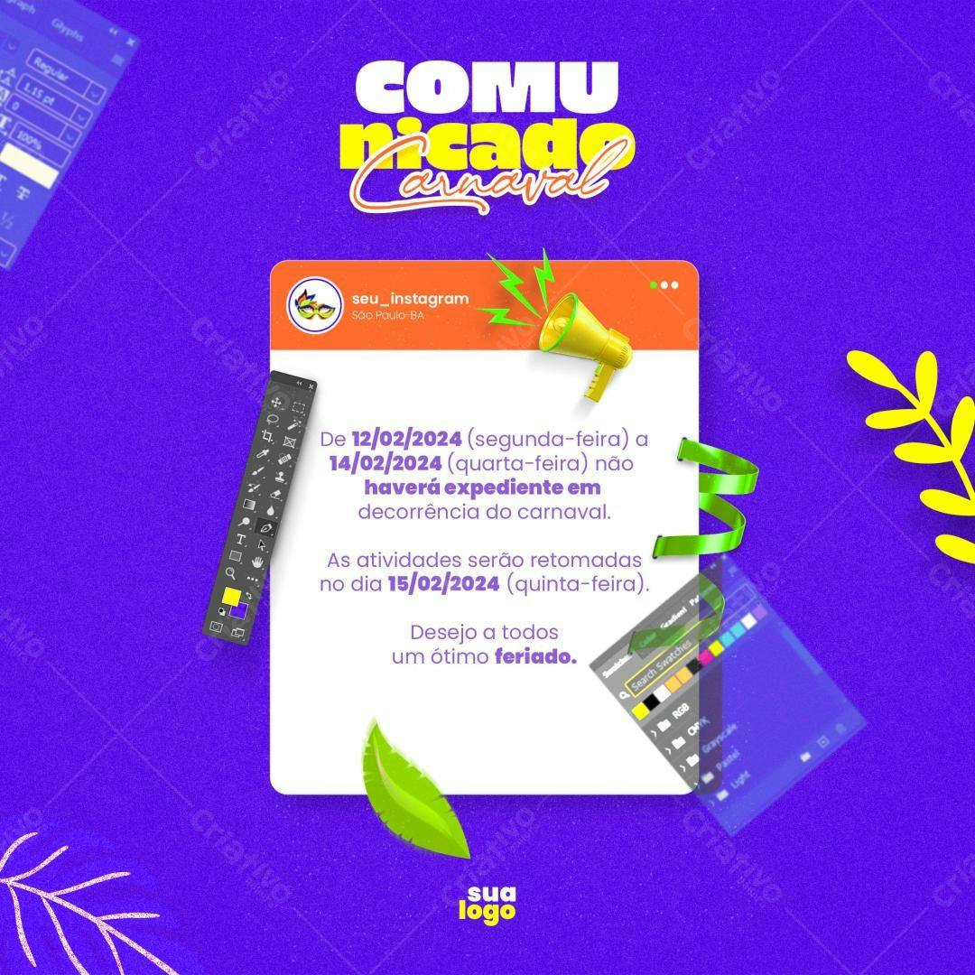 Flyer para Comunicado de Carnaval PSD Editável