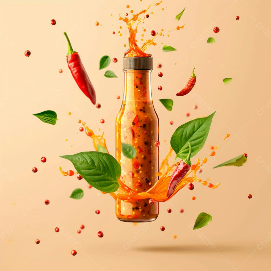 Molho picante em garrafa com pimenta e ervas