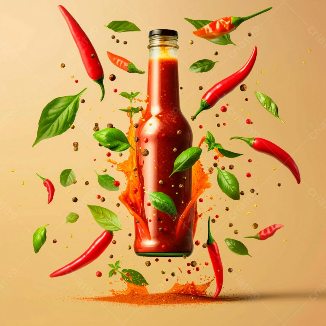 Molho de pimenta picante em garrafa com pimentas e manjericão