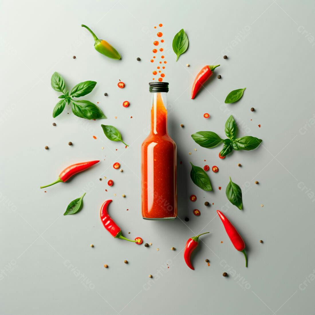 Molho de pimenta em garrafa com pimentas e manjericão