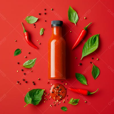 Embalagem De Molho De Pimenta Sem Rótulo Com Folhas E Pimentas 9