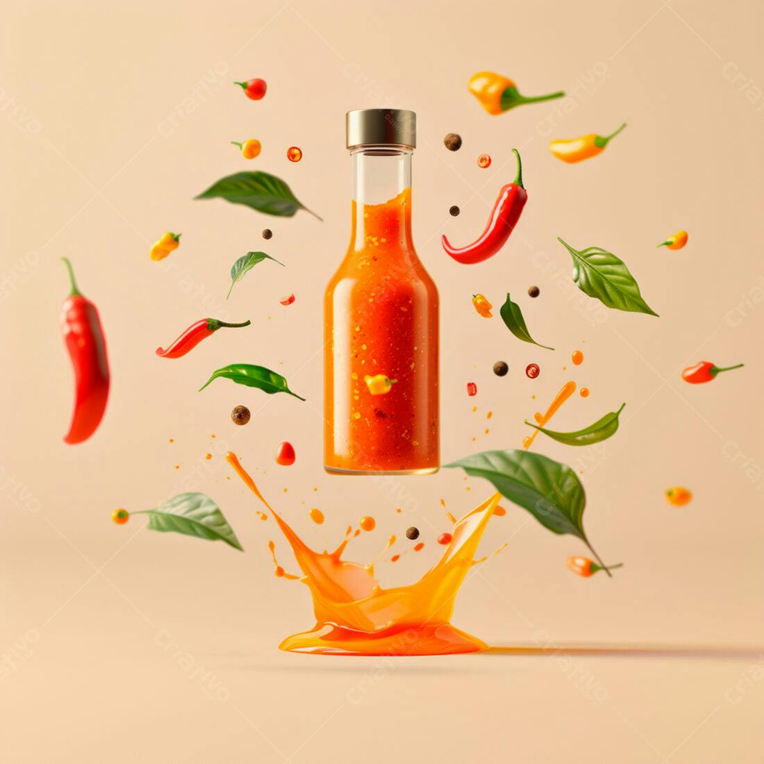 Molho picante em garrafa de vidro com pimentas