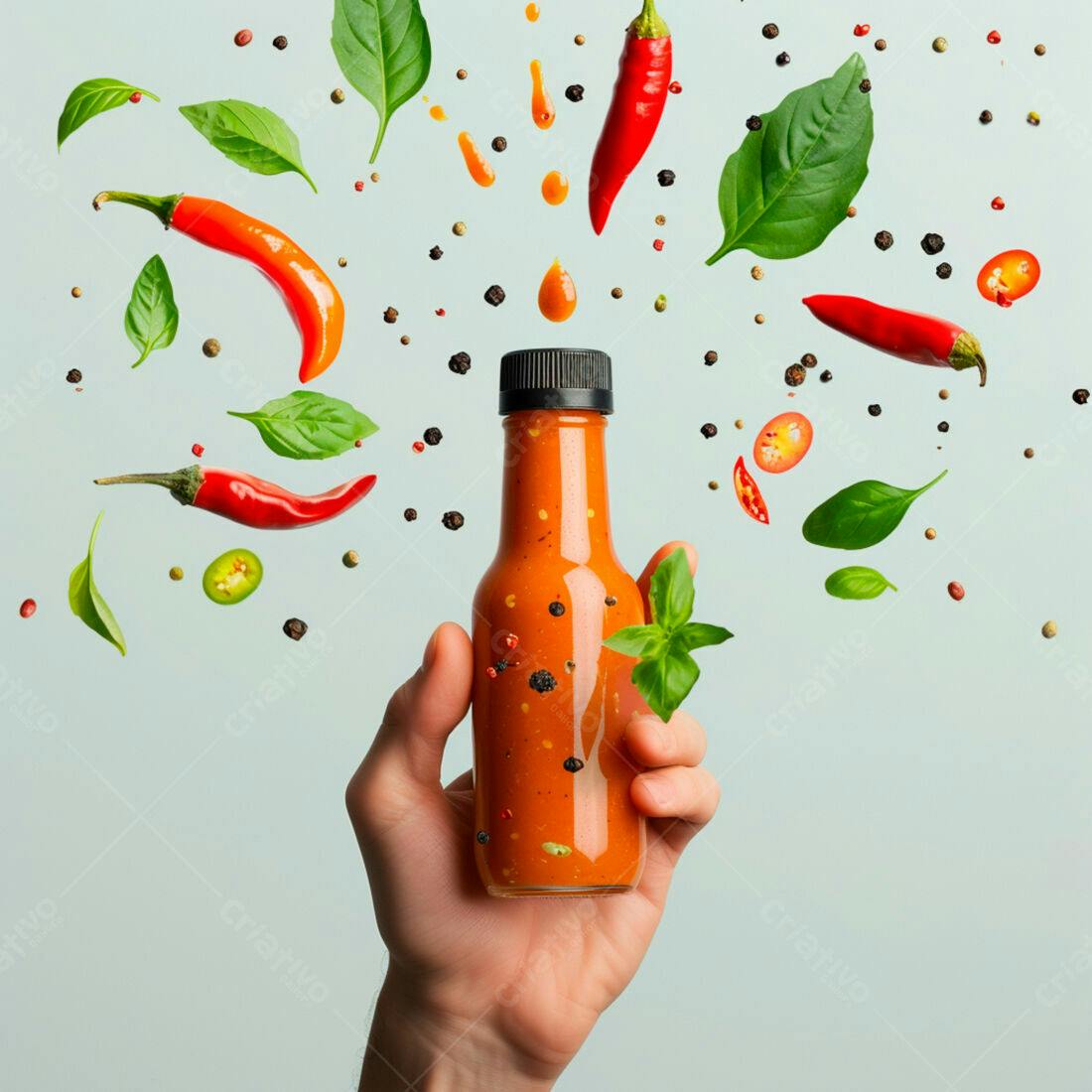 Mão segurando molho picante com pimentas e manjericão