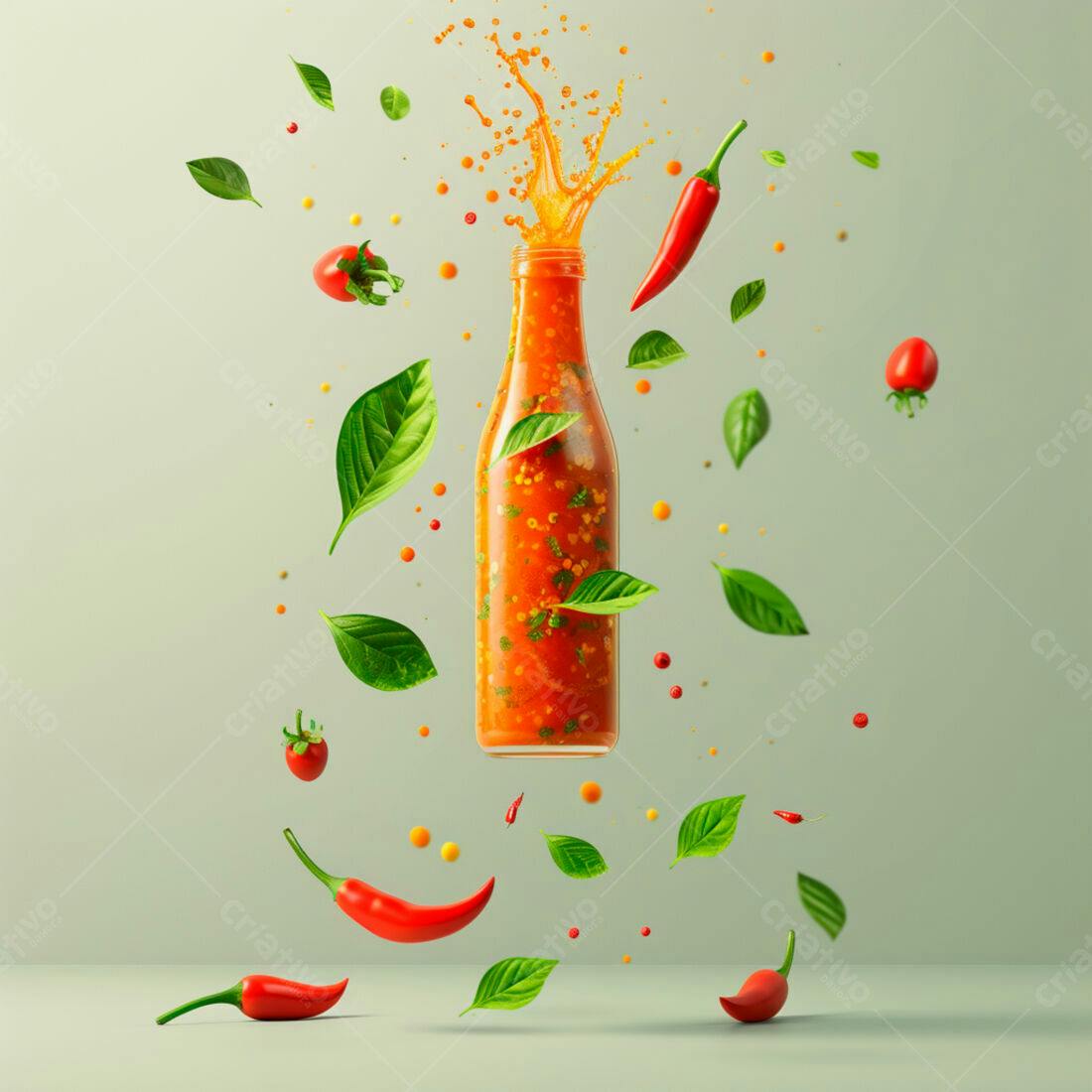 Molho picante em garrafa com ingredientes em queda