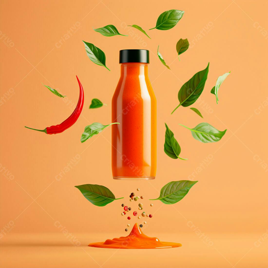 Molho picante em garrafa com pimenta e ervas