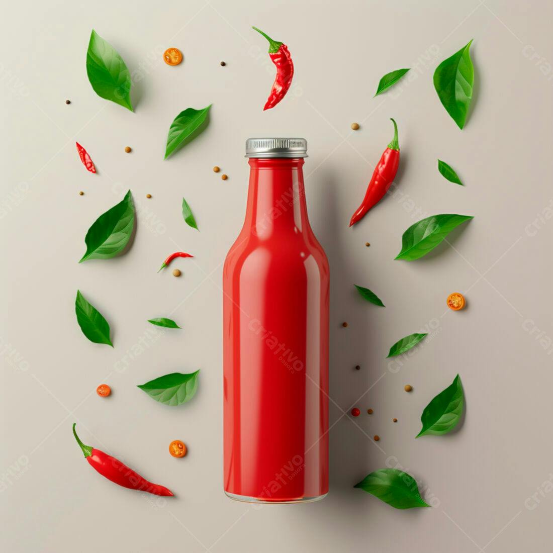 Garrafa de molho de pimenta vermelha com folhas e especiarias