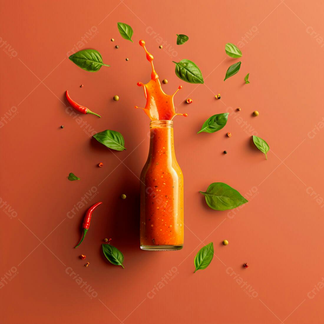 Molho picante em garrafa com manjericão e pimenta