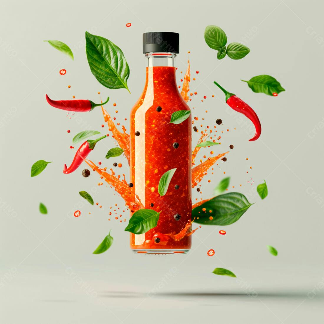 Molho picante em garrafa com pimenta e manjericão