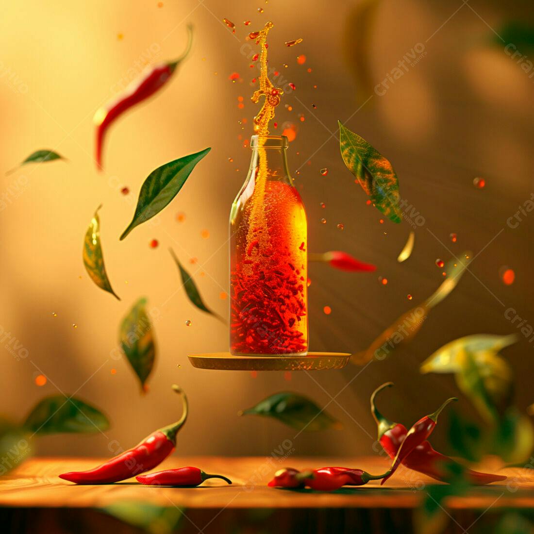 Garrafa de óleo de pimenta com pimentas vermelhas