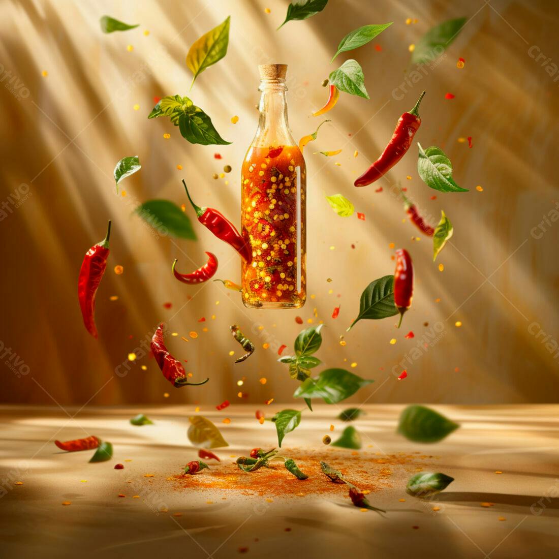 Molho de pimenta em garrafa com ingredientes suspensos