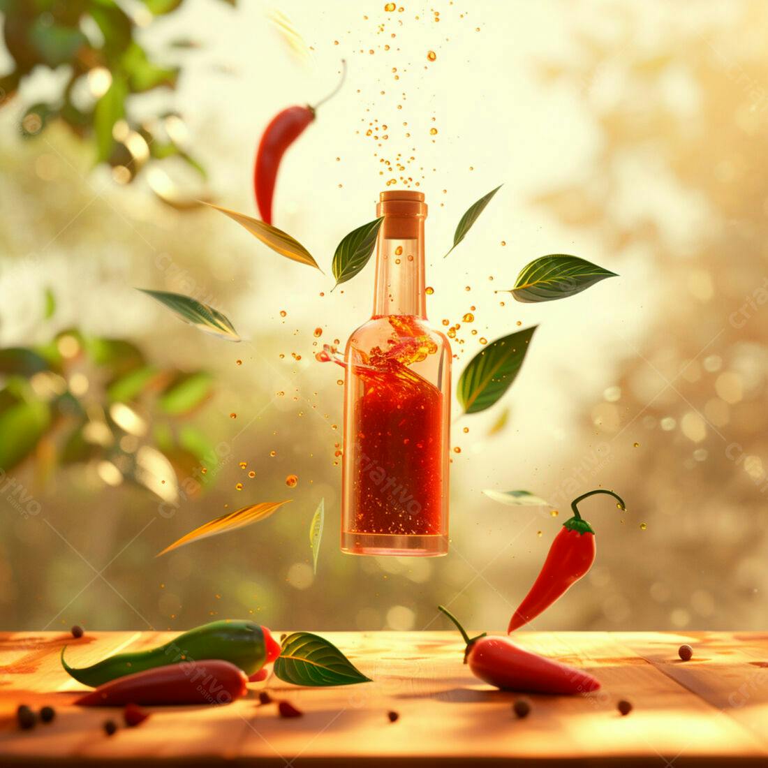 Molho de pimenta em garrafa com pimentas vermelhas