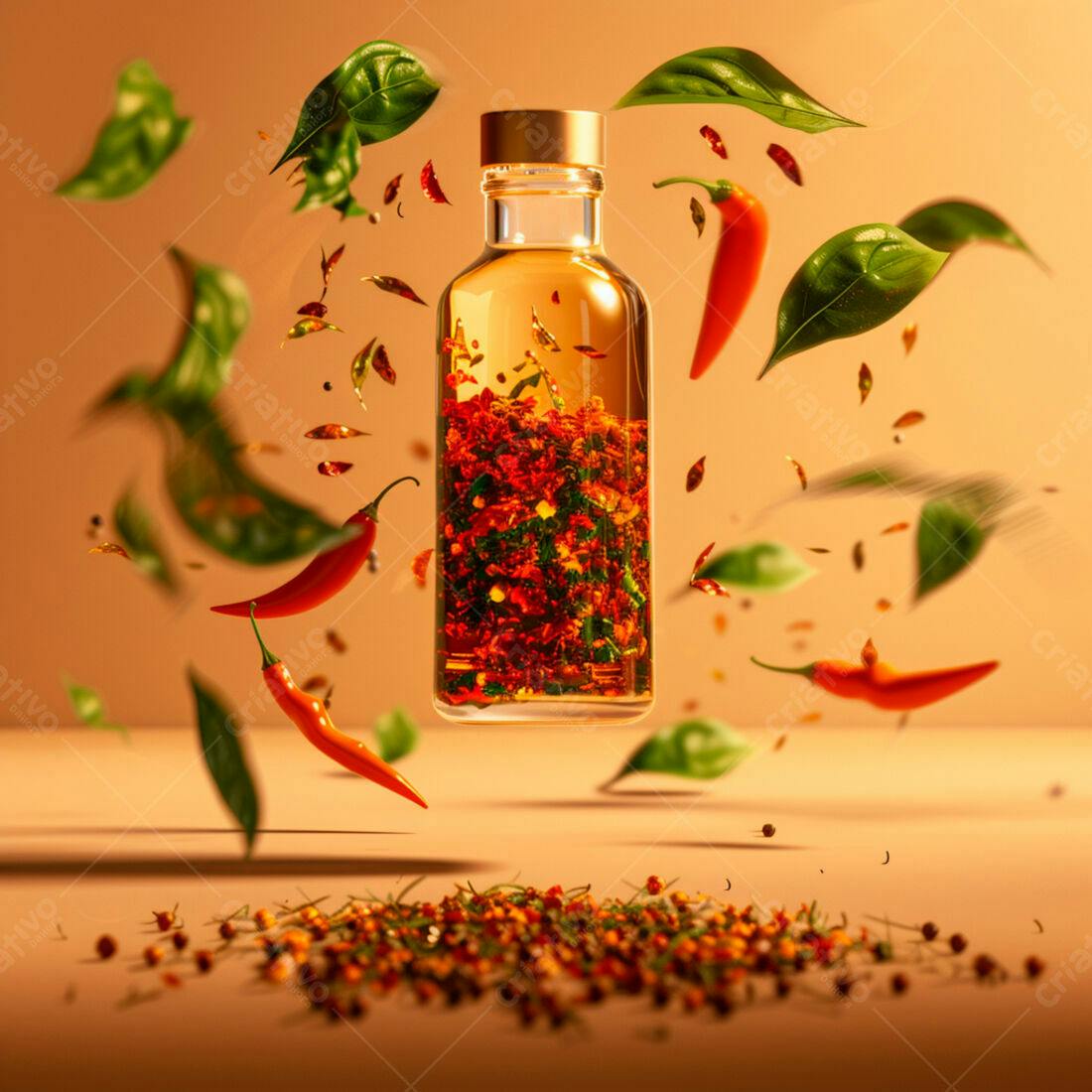 Óleo de pimenta com manjericão em fundo bege