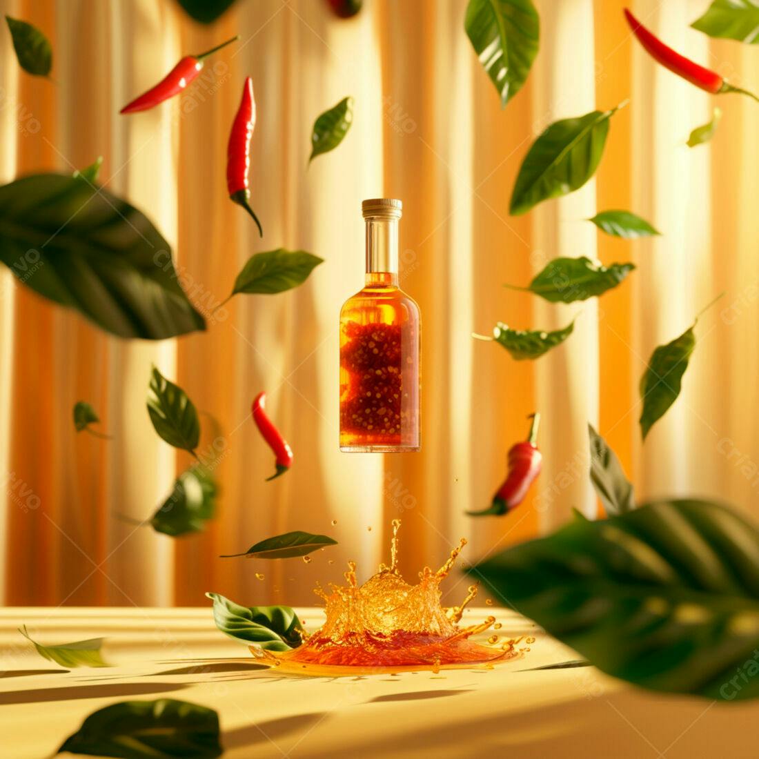 Óleo de pimenta com folhas e pimentas vermelhas